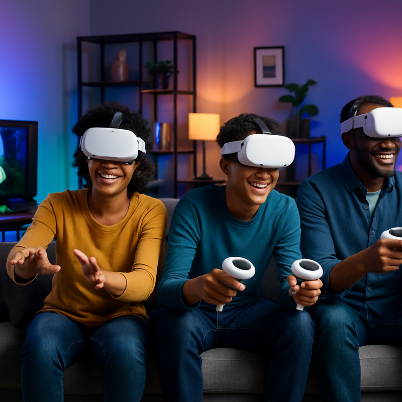 Gezin dat samen VR gaming beleeft met moderne headsets en computers in een huiselijke setting