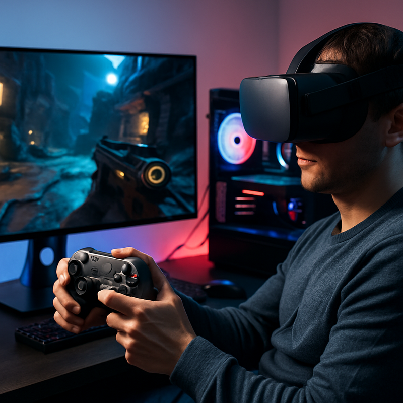 Gamer gebruikt ergonomische controller en VR-headset aan een gamingcomputer gericht op comfort en technologie