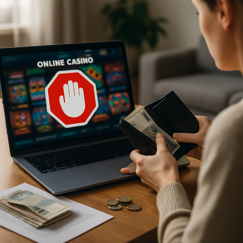 Persoon die online goksites bekijkt en zijn financiën beheert op laptop in een huiselijke omgeving