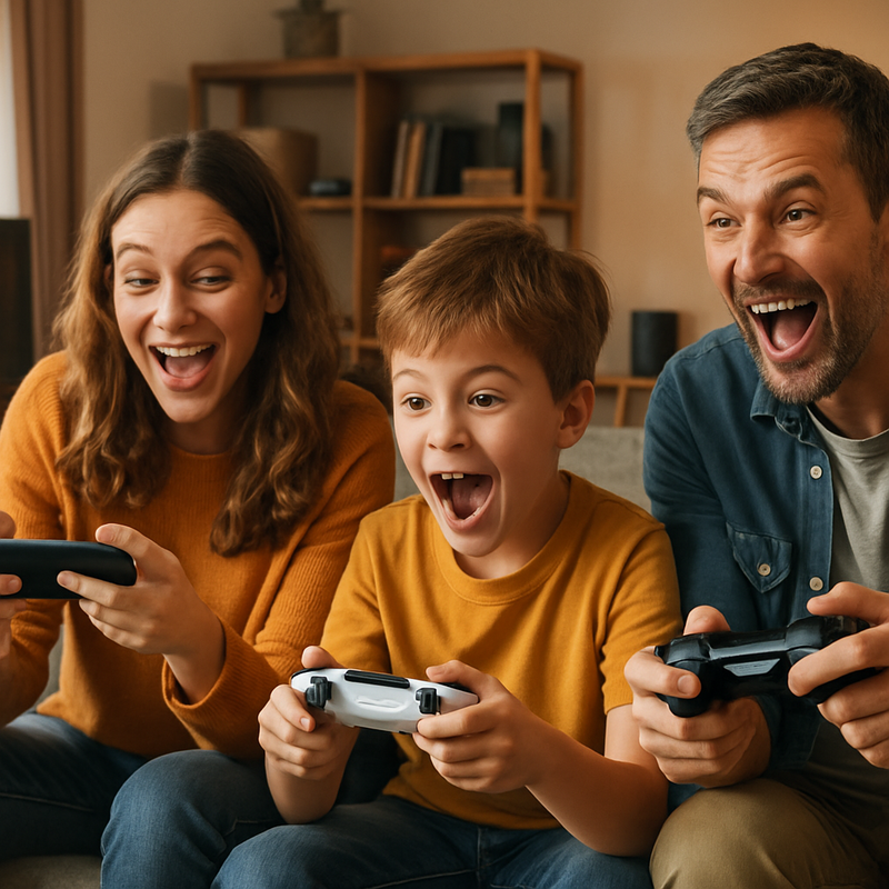 Gezin gamet samen op diverse apparaten in huiselijke omgeving