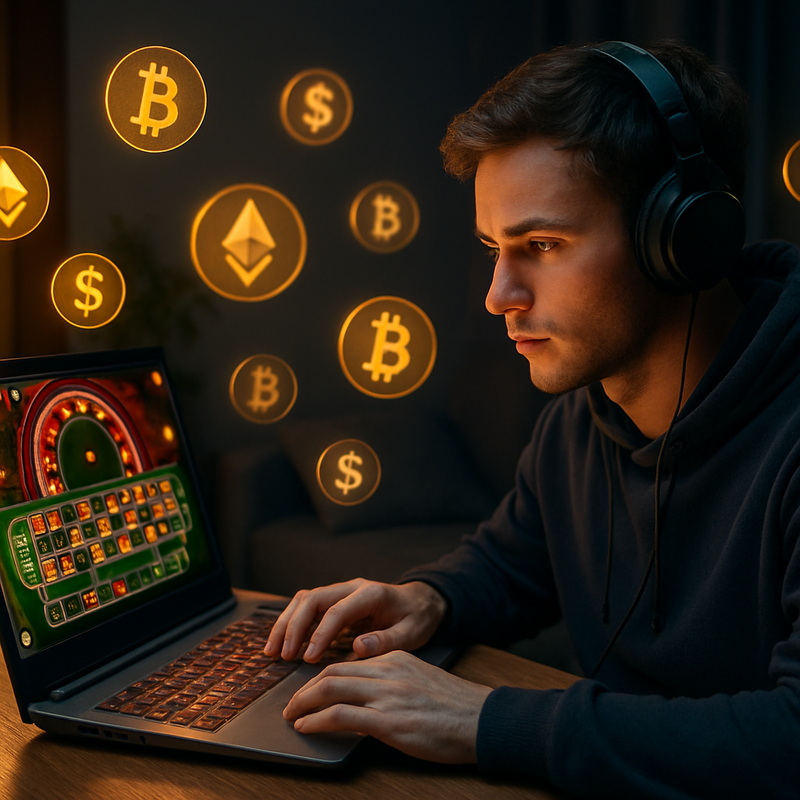 Jonge gamer speelt online casino zonder Cruks op laptop met crypto-betaalopties en financiële dashboards.