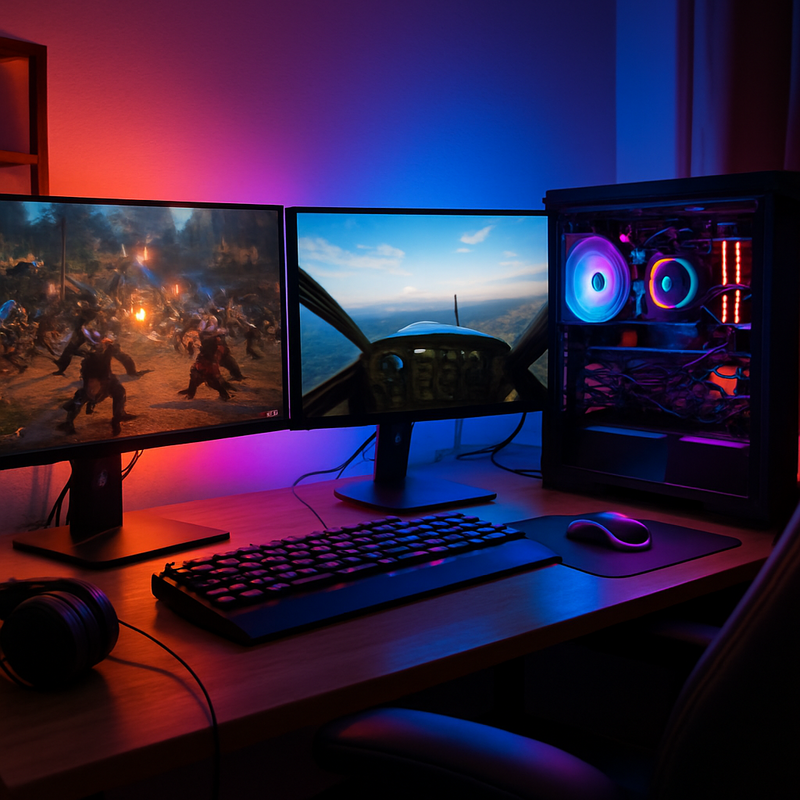 Gaming setup met krachtige PC, meerdere schermen en kleurrijke verlichting