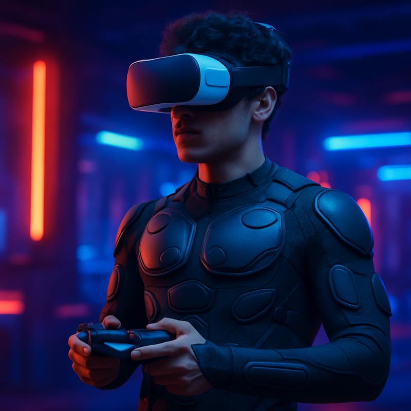 Gamer met haptische bodysuit en VR-headset in een futuristische game-omgeving