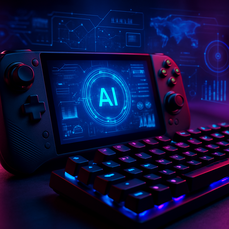 ROG Xbox Ally X handheld naast CORSAIR Vanguard Pro 96 gamingtoetsenbord in futuristische setting