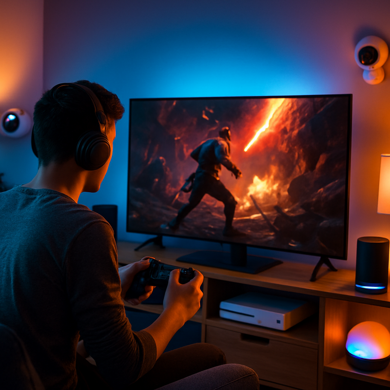 Gamer in modern Nederlands smart home met PlayStation en verbonden IoT-apparaten