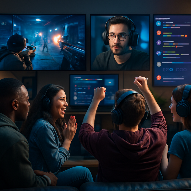 Gamers kijken naar een live gestreamde game met interactieve chat en stemmogelijkheden