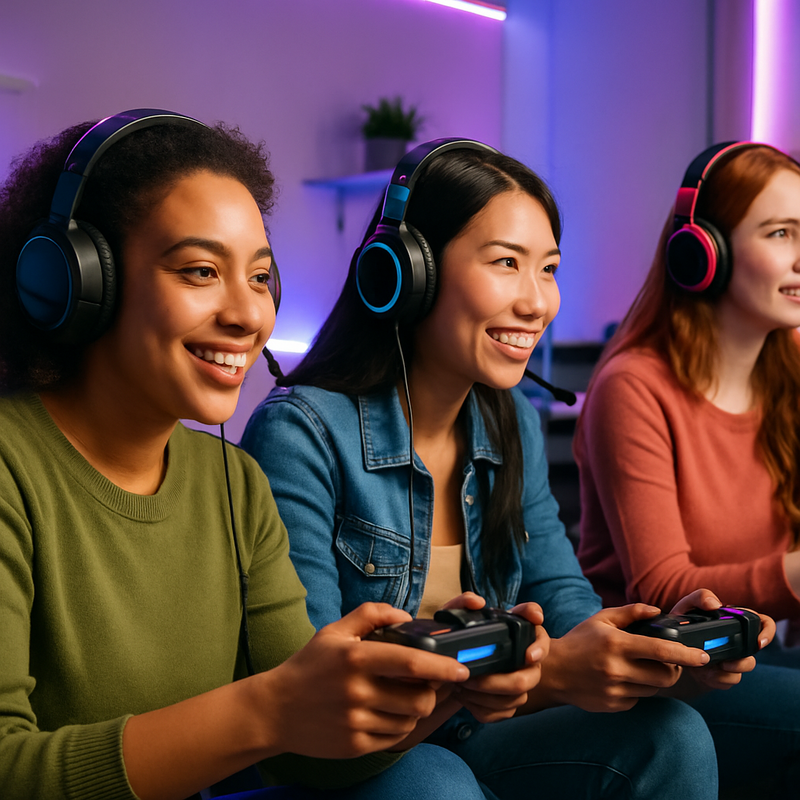 Diverse vrouwelijke gamers met ergonomische headsets en controllers in gaming setting
