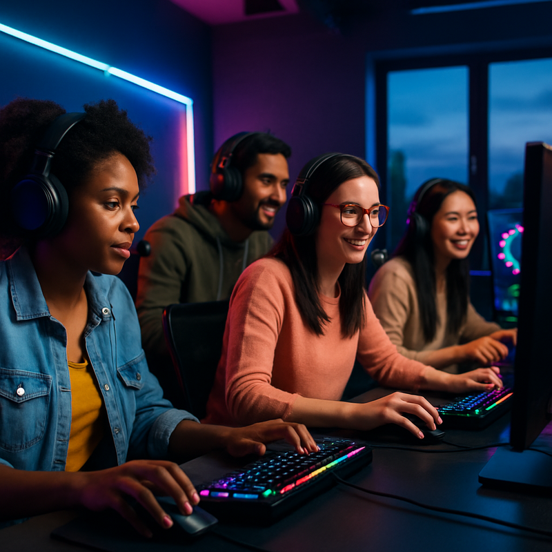 Divers gezelschap van gamers speelt samen aan pc's met kleurrijke gaming accessoires in een moderne, lichte setting