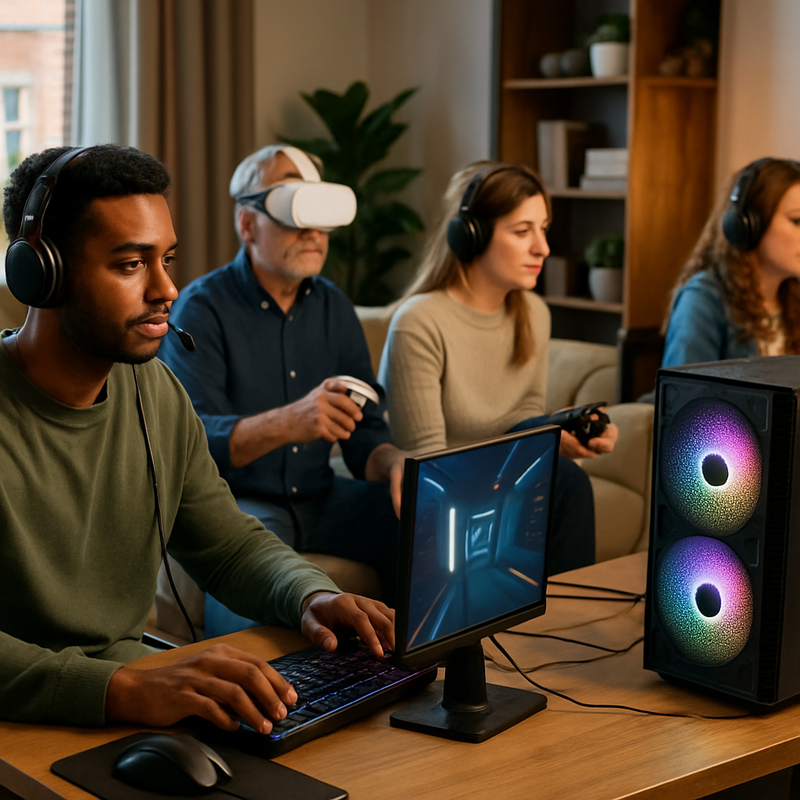 Gaming setup met diverse gamers en geavanceerde technologie in een Nederlands huis