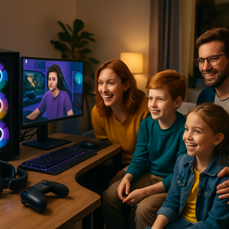 Nederlandse familie kijkt naar Twitch-stream op gaming-pc met gaminggadgets in moderne woonkamer.