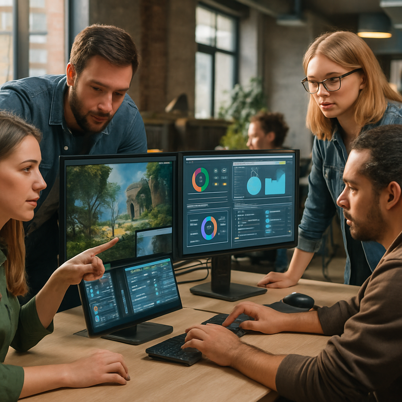 Ontwikkelaars in een Nederlandse studio die samenwerken aan game-ontwerp en feedback verwerken