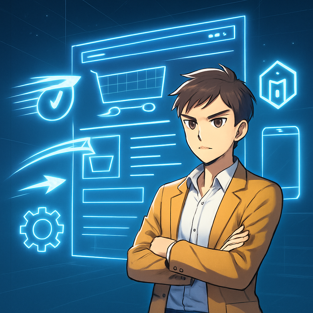 Een jonge anime-stijl ondernemer staat voor een holografische blauwdruk van een e-commerce website. Symboolweergaven van Shopify, WooCommerce en Magento fuseren met het ontwerp, dat snelle laadtijden en mobiele optimalisatie benadrukt.