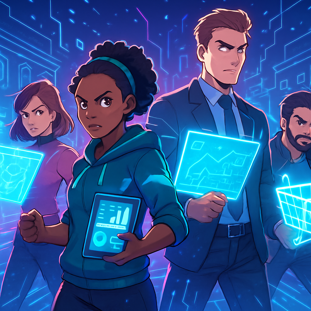 Een anime-stijl illustratie van diverse, vastberaden personages die digitale tools hanteren in een futuristische, neonverlichte digitale arena, symboliserend de intense e-commerce competitie in 2022.