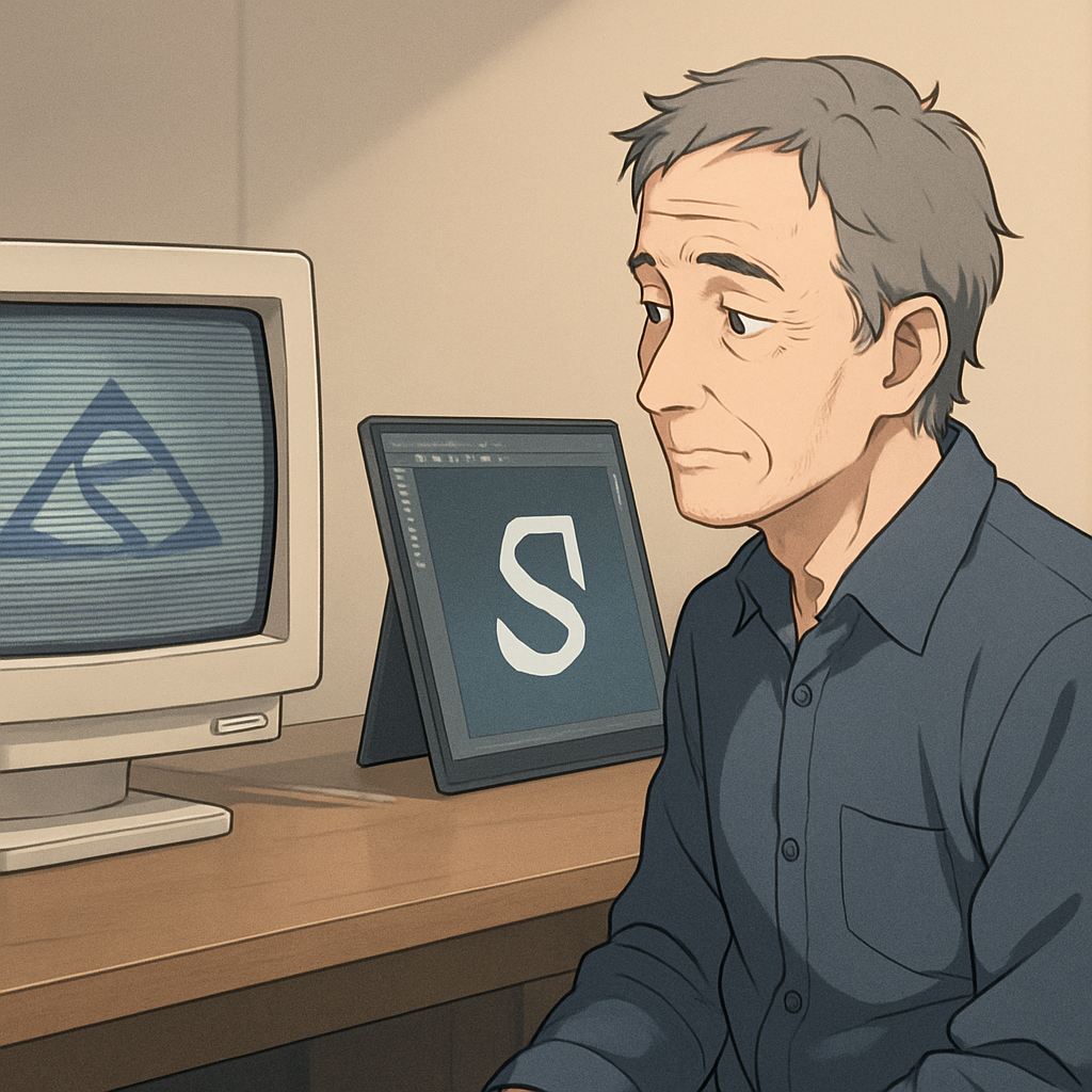 Een anime-stijl illustratie van een persoon die kijkt naar een oud beeldscherm met pixelart en een zwevende, moderne digitale interface met verfijnd design.