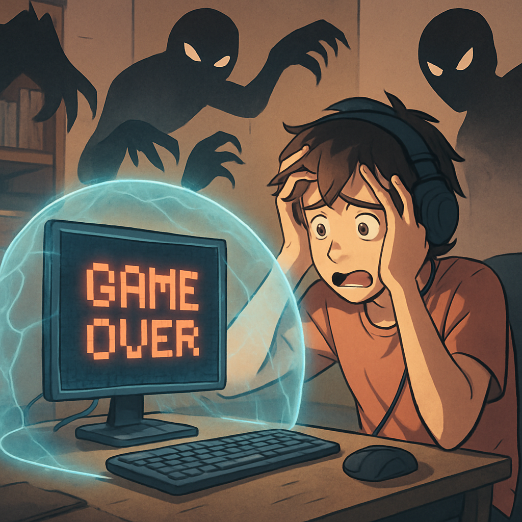 Een anime-achtige afbeelding van een gamer die bezorgd kijkt naar een 'Game Over'-scherm op een computer, terwijl een lichtgevend schild de digitale ruimte om hem heen beschermt tegen dreigende, schaduwachtige figuren.