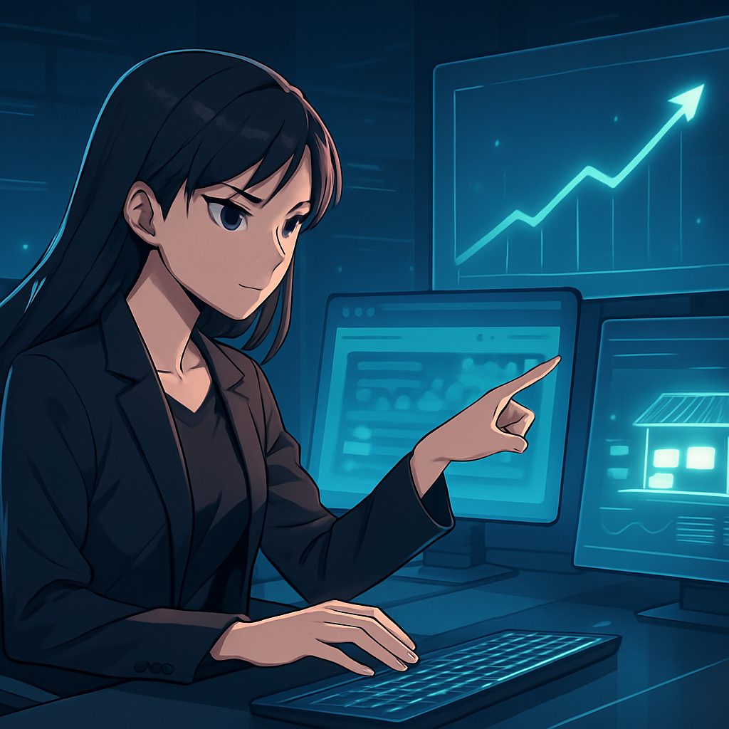 Een anime-stijl vrouwelijke strateeg in een high-tech controlekamer, omringd door holografische schermen met groeigrafieken, heatmaps en e-commerce dashboards, die focus en precisie uitstraalt in digitale strategie.