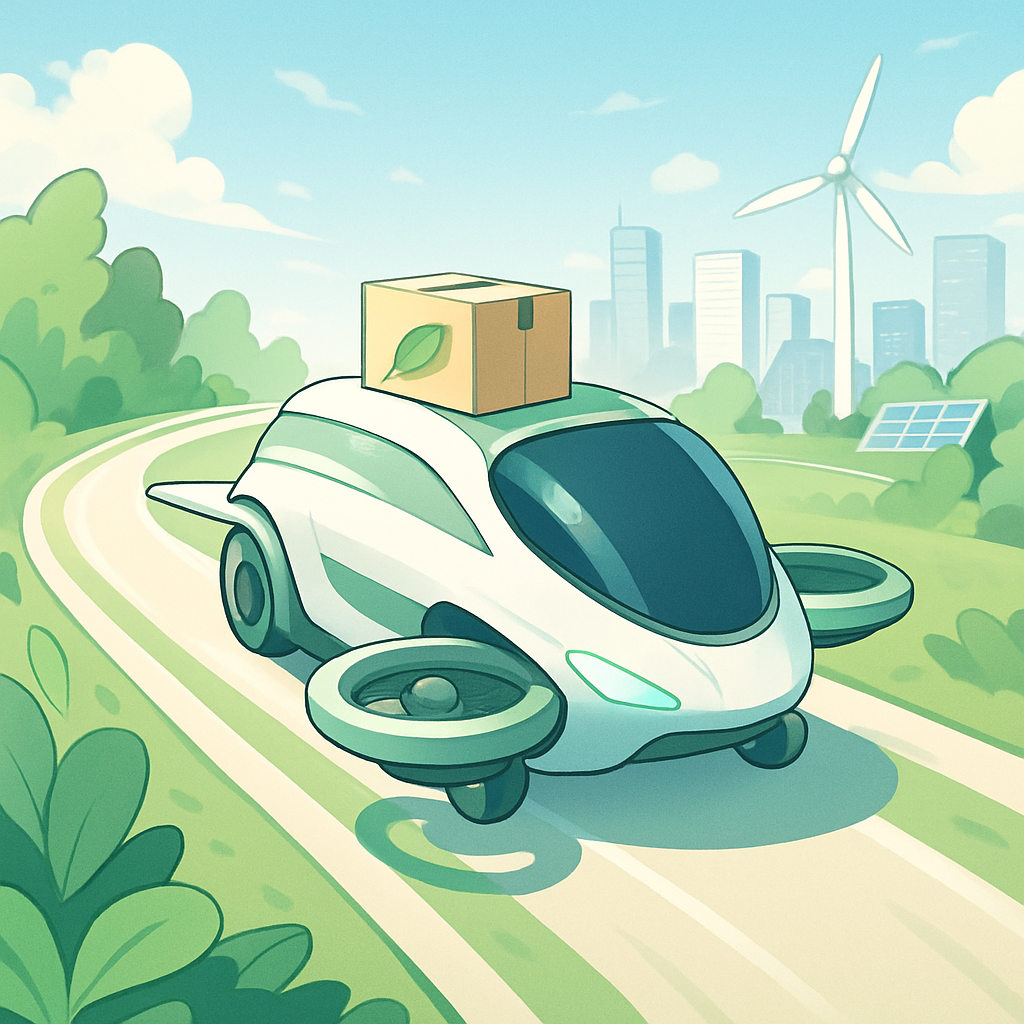 Een futuristische, anime-stijl afbeelding van een groen geaccentueerd, eco-vriendelijk bezorgvoertuig op een kronkelende baan die lijkt op een racebaan. Op de achtergrond is een schone stad met groene energie elementen te zien, wat duurzaamheid en efficiëntie in e-commerce symboliseert.