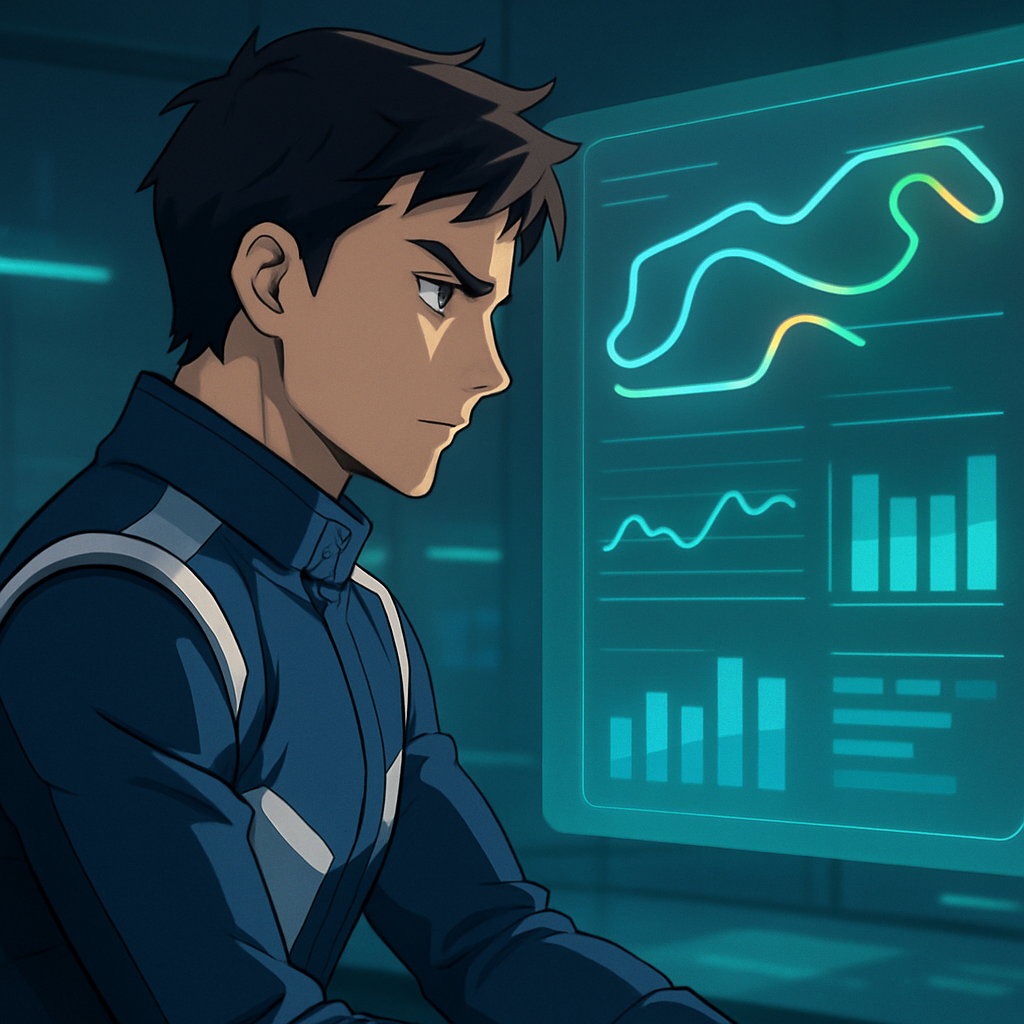 Anime-stijl man in racepak analyseert holografische data van e-commerce prestaties en optimale racelijnen op een circuit, symboliserend data-analyse.