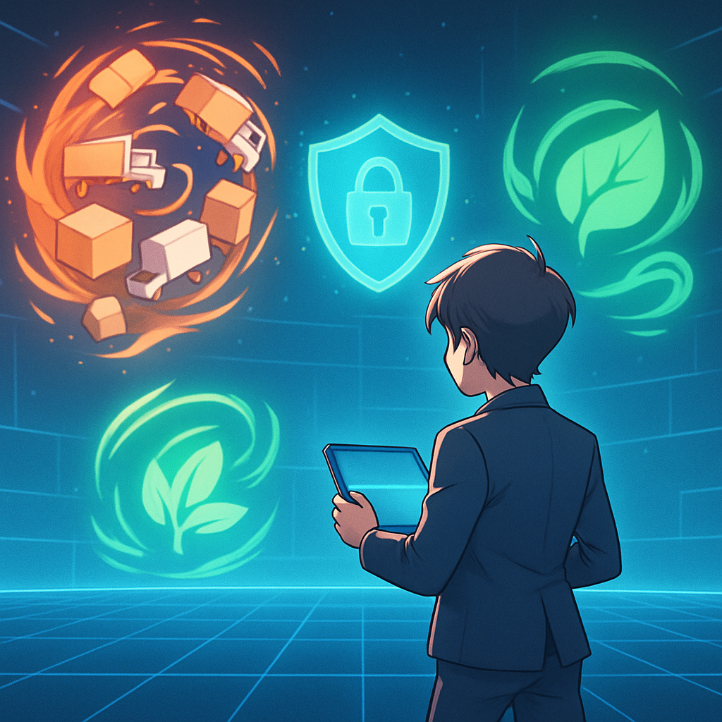 Een anime-stijl illustratie van een persoon die strategisch drie abstracte uitdagingen (supply chain, data privacy, duurzaamheid) aanpakt in een digitale omgeving.