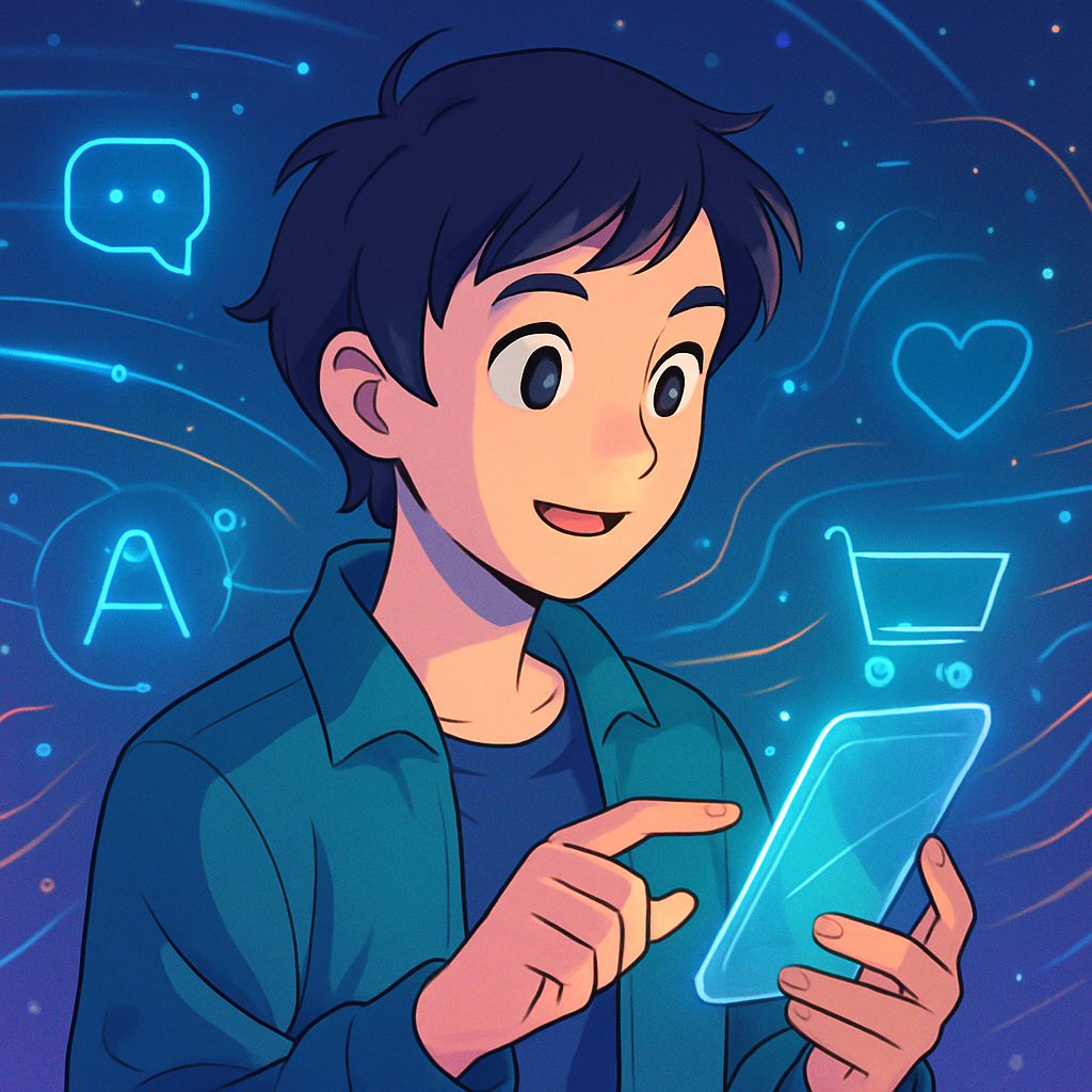 Een anime-stijl illustratie van een persoon die op een tablet of smartphone naar een webshop kijkt. Op de achtergrond zweven abstracte datapunten, sociale media-pictogrammen en een winkelwagentje, wat de integratie van AI, social commerce en mobiele ervaringen symboliseert.