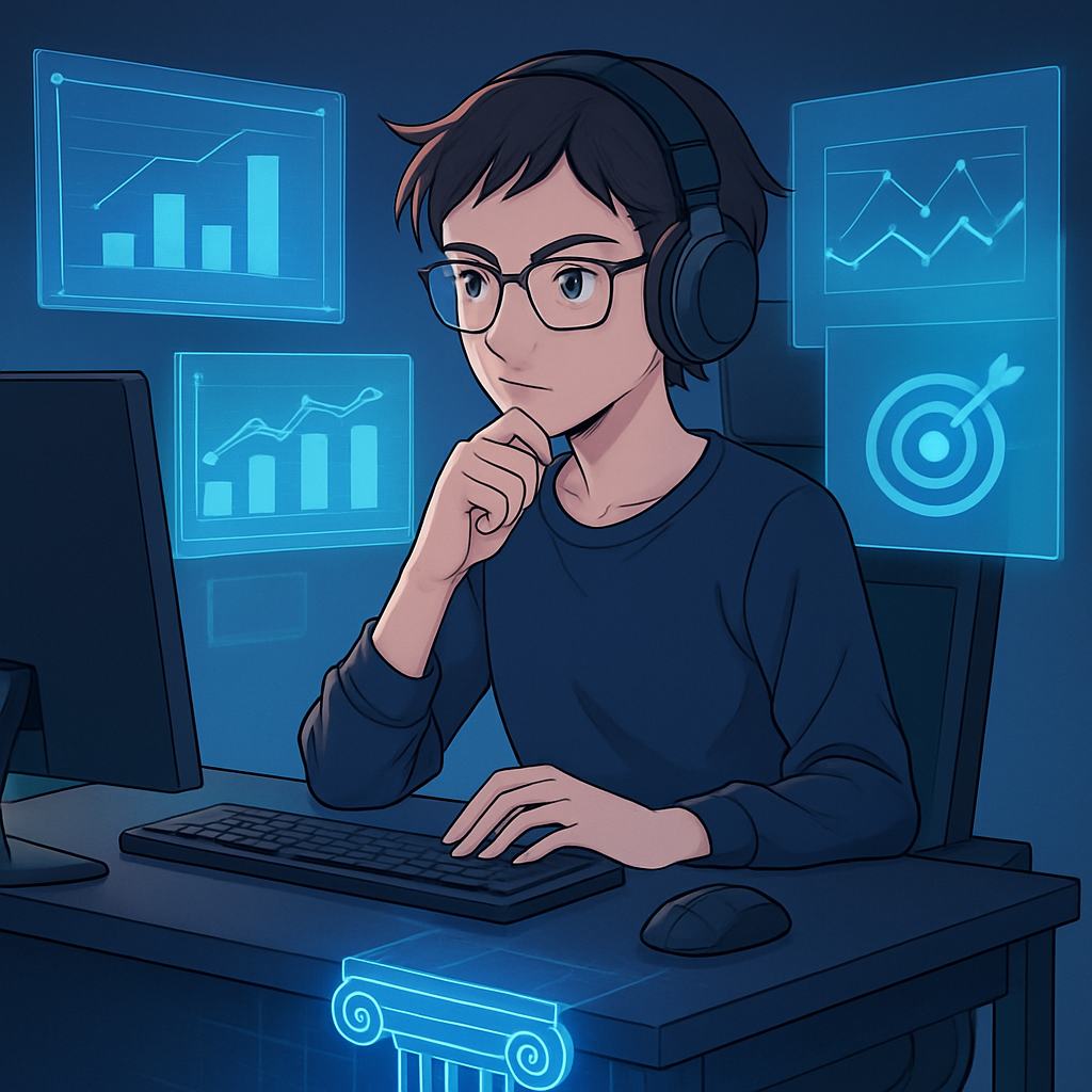 Een anime-stijl illustratie van een geconcentreerde persoon aan een futuristisch bureau met holografische schermen die marktdata en niche-doelen tonen, wat staat voor e-commerce strategieplanning.