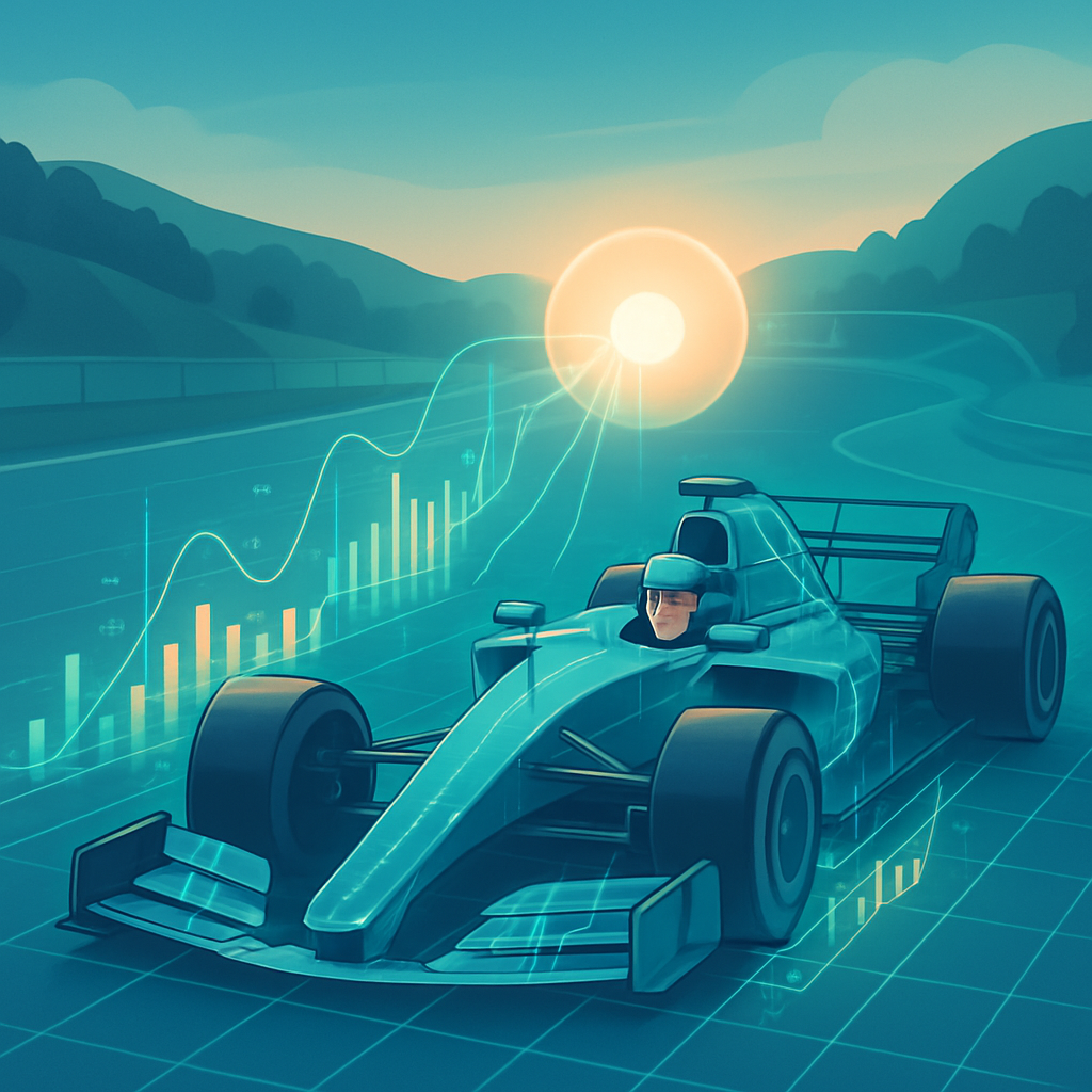 Een anime-stijl raceauto op een virtuele startgrid met transparante datastromen die een centraal systeem voeden, symboliseert ERP als het datagedreven zenuwstelsel van een bedrijf.