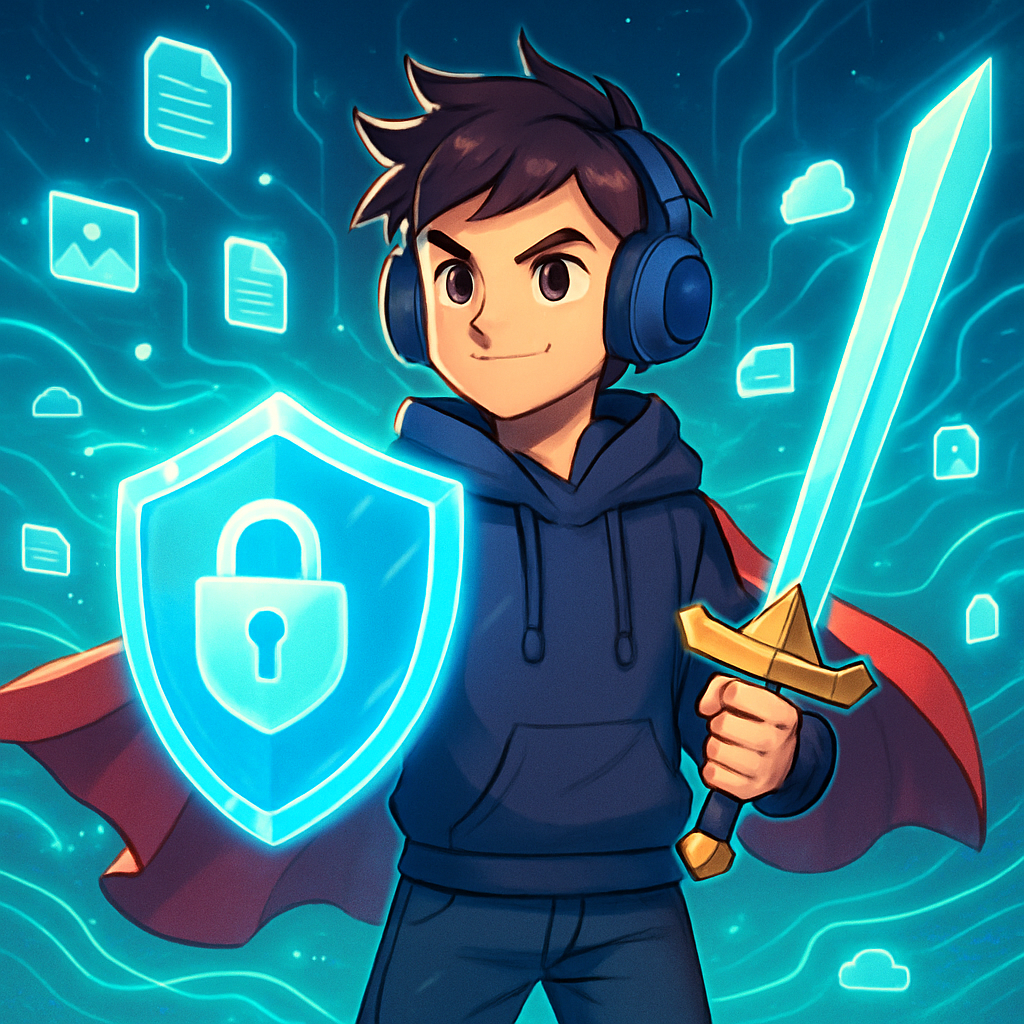 Een anime-stijl held die een schild van databescherming en een zwaard van backup tools vasthoudt. Digitale data stroomt om hen heen in een futuristisch landschap, wat de reis van een beginner naar een meesterlijke databeschermer symboliseert.