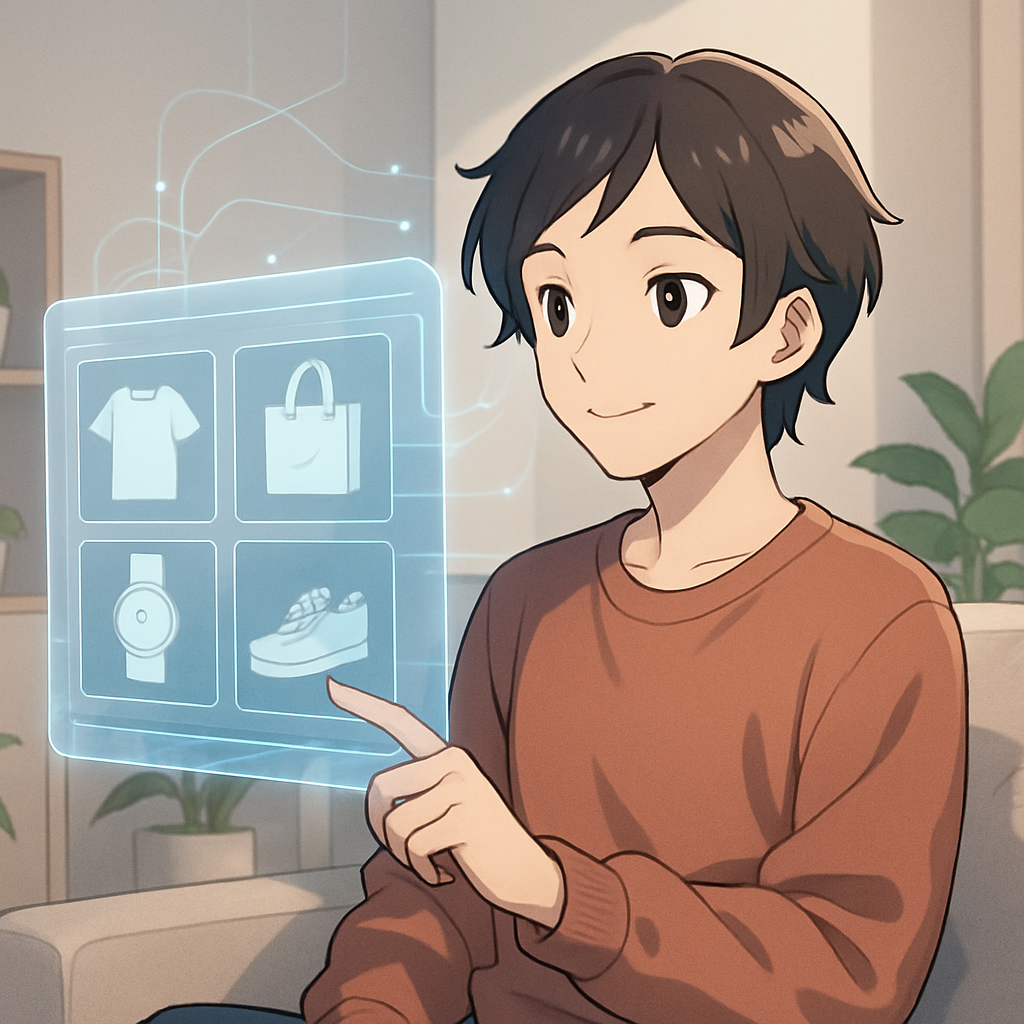 Een anime afbeelding van een persoon die comfortabel naar een holografisch scherm kijkt, waarop gepersonaliseerde digitale content en producten worden getoond, omringd door subtiele datalijnen.