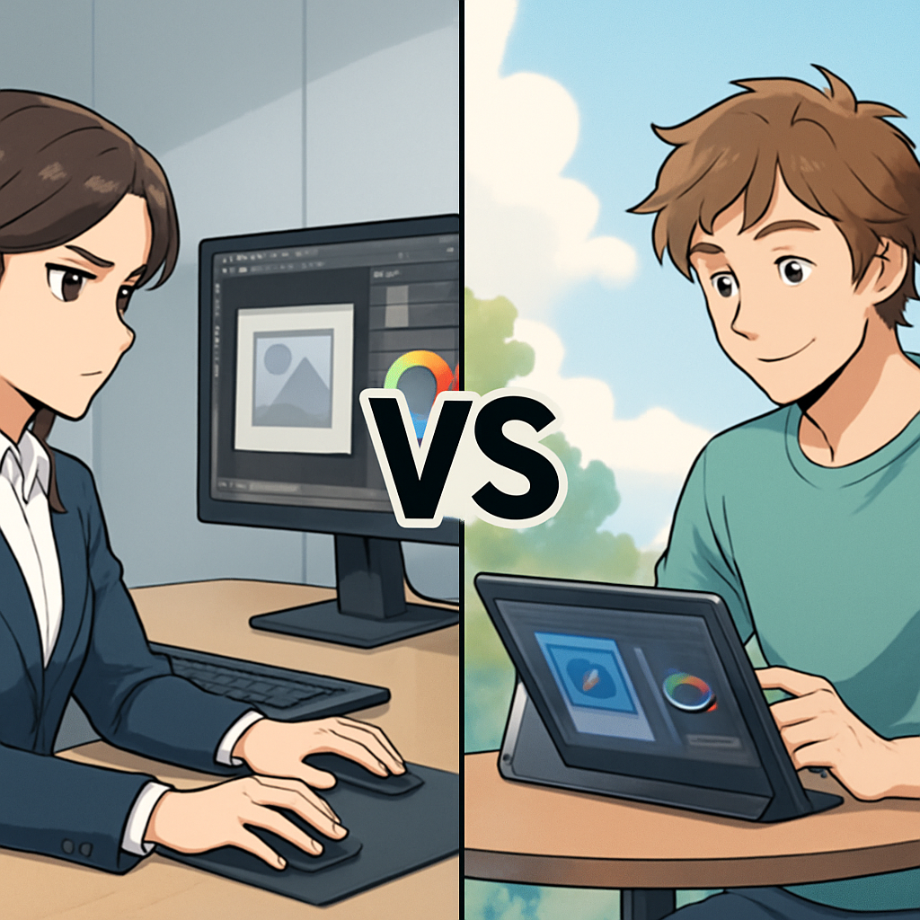 Een anime-stijl illustratie verdeeld in twee scènes. Links zit een geconcentreerde grafisch ontwerper, met een strakke houding, achter een krachtig workstation met meerdere schermen, omringd door geavanceerde hardware. Rechts staat een persoon, meer ontspannen, die een afbeelding bewerkt op een tablet of Chromebook in een lichte, openbare setting, zoals een café. De beelden contrasteren lokale kracht met cloud-flexibiliteit.