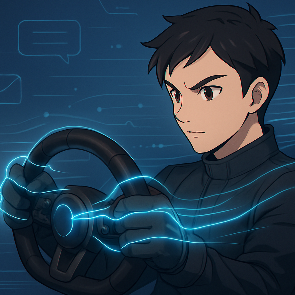 Een anime-personage houdt een racestuur vast waaruit subtiele energielijnen komen, die 'force feedback' en klantgegevens symboliseren. Op de achtergrond zijn abstracte digitale iconen van e-mail en sociale media zichtbaar. De afbeelding straalt precisie en controle uit.