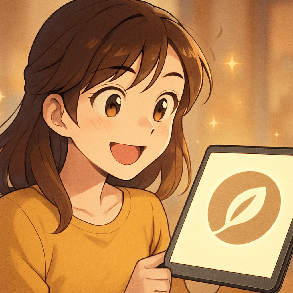 Een vrolijke anime-stijl jonge vrouw glimlacht trots terwijl ze naar een strak en mooi digitaal logo op een scherm kijkt, omringd door een zachte, warme gloed.