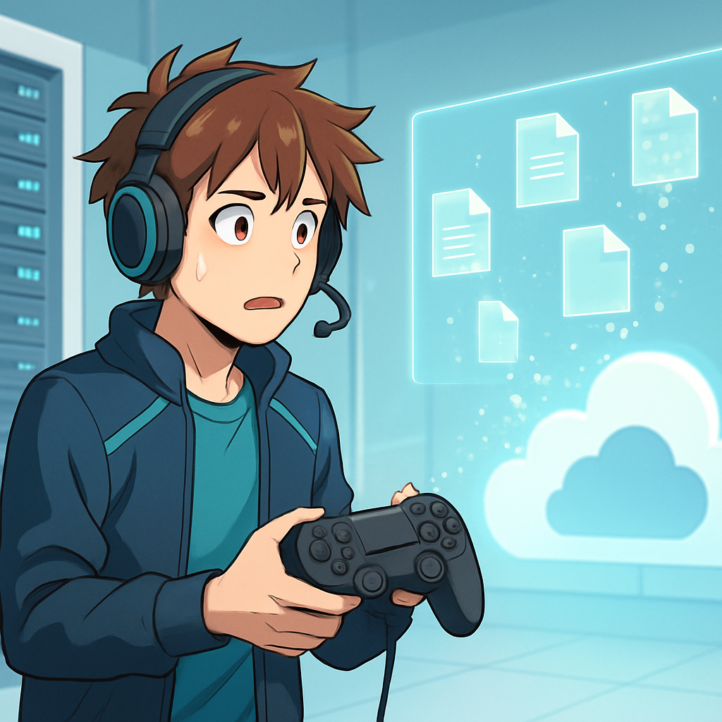 Een anime-stijl tekening van een bezorgde professional met gamer-elementen die naar een transparant scherm kijkt waar digitale data verdwijnt, terwijl een grote, futuristische cloudinfrastructuur intact blijft op de achtergrond. De persoon houdt een losgekoppelde gamepad vast.