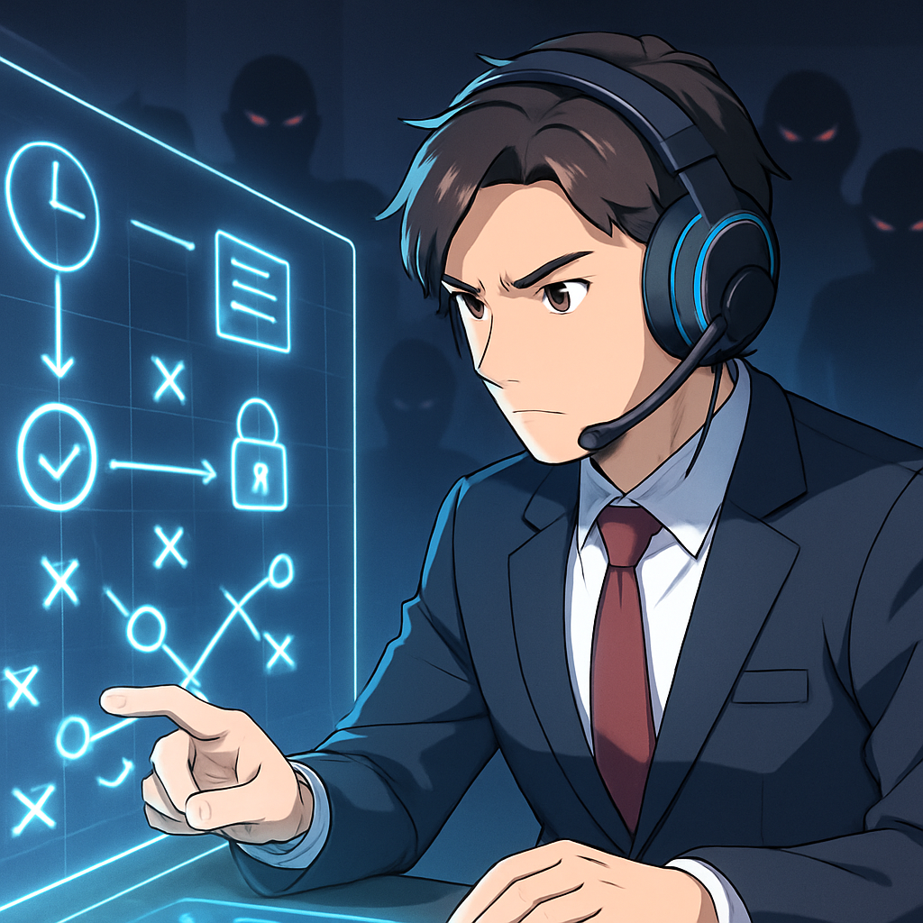 Een anime-stijl afbeelding toont een geconcentreerd persoon die een complexe, holografische digitale strategiekaart met verschillende symbolen voor databeveiliging bekijkt. Achter de persoon zijn vage silhouetten van bedreigingen zichtbaar.
