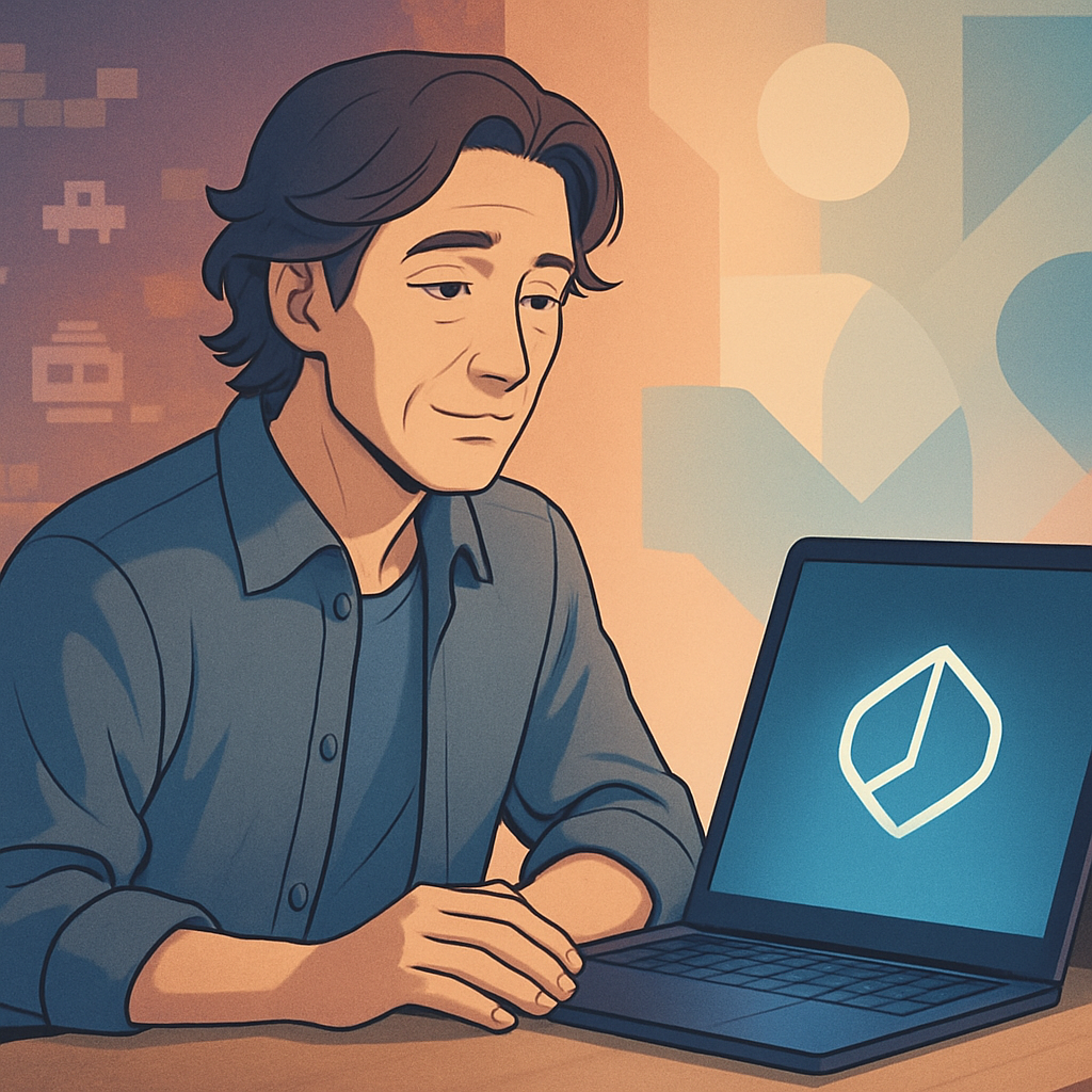 Een persoon in anime stijl werkt rustig aan een modern logo op een tablet. De achtergrond toont een overgang van nostalgische pixelkunst naar strakke, moderne vectordesigns.