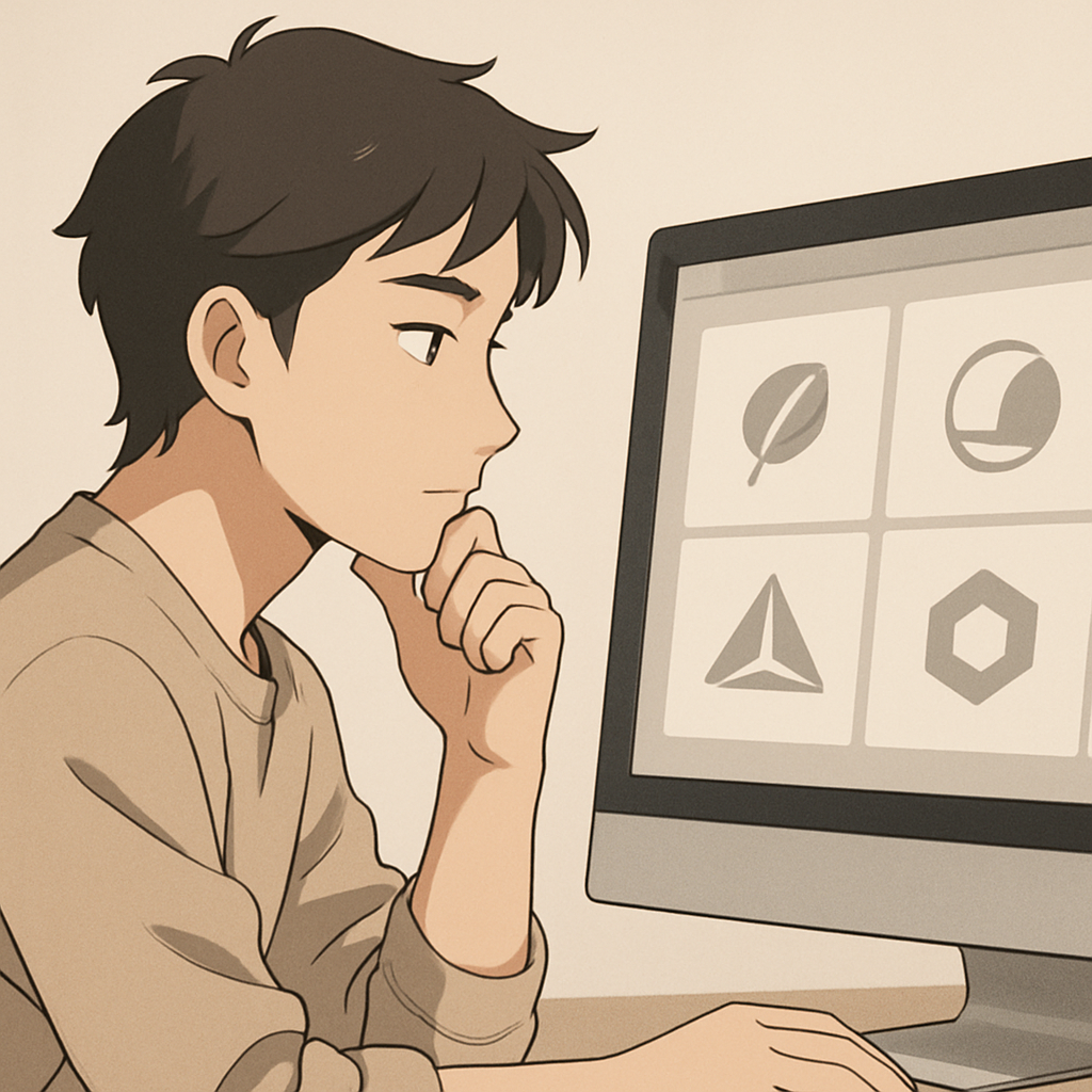 Een anime-personage dat rustig naar een computerscherm kijkt, waarop verschillende abstracte logo-ontwerpen te zien zijn, wat de keuze van online design tools symboliseert.