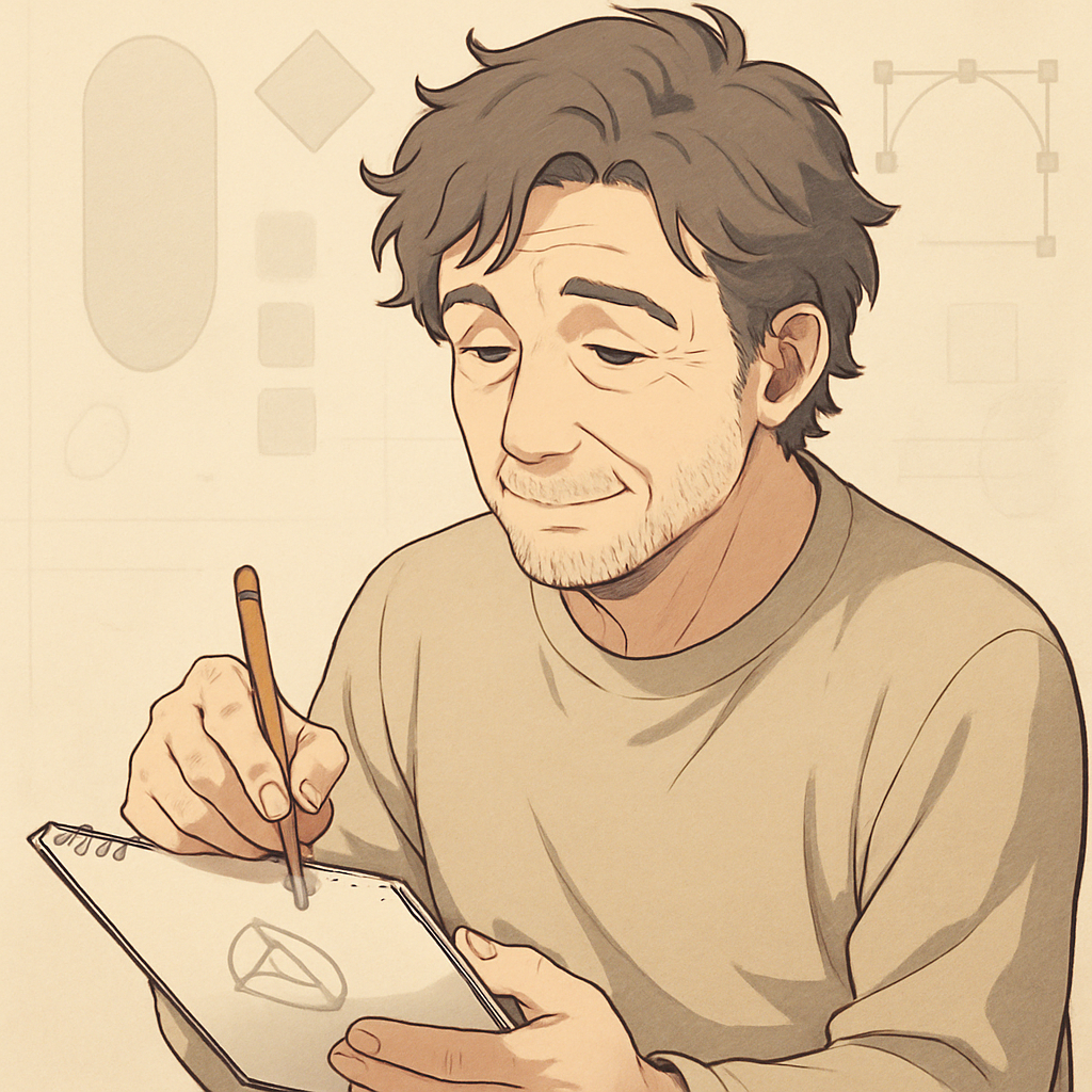 Een oudere, bedachtzame man in anime-stijl tekent een logo op papier, met op de achtergrond subtiele digitale designvormen.