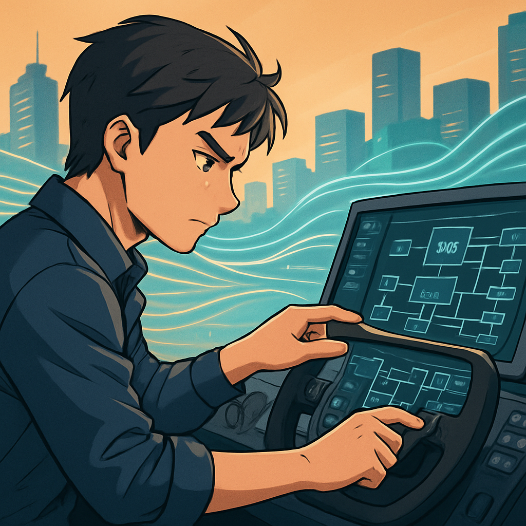 Een anime-stijl illustratie van een geconcentreerde persoon die een futuristisch bedieningspaneel aanpast. Het paneel combineert elementen van een racingsimulator met een bedrijfs-dashboard, gesymboliseerd door digitale datastromen op de achtergrond van een gestileerde stad.