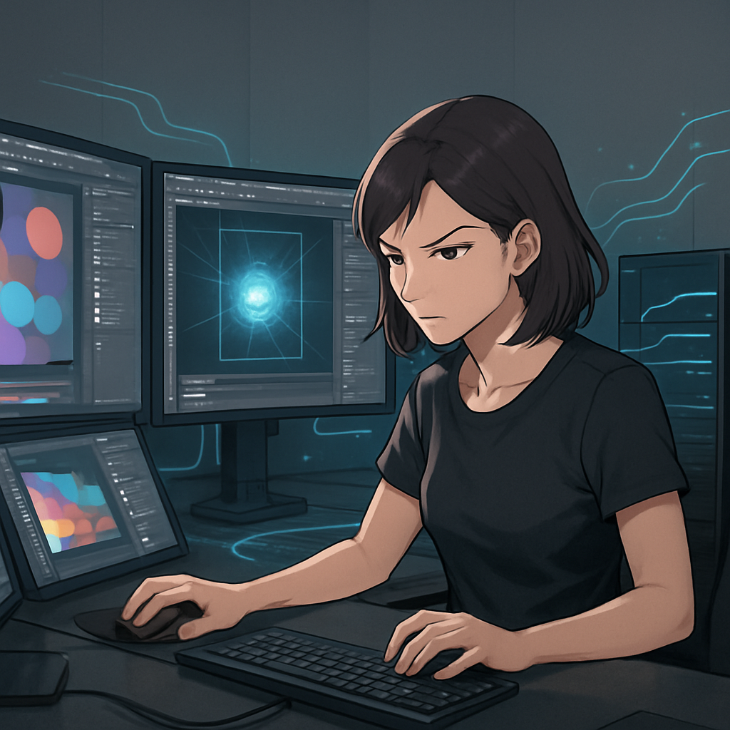 Een anime-stijl illustratie van een vrouwelijke grafisch ontwerper die geconcentreerd werkt op een krachtig desktop workstation met meerdere schermen waarop complexe Photoshop CC-interfaces worden weergegeven.