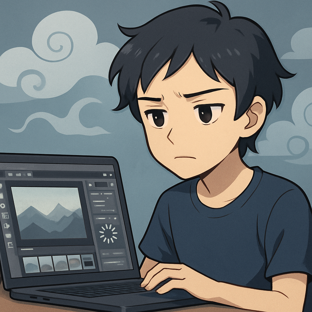 Een anime-stijl illustratie van een persoon die gefrustreerd kijkt naar een laptop met een beperkte web-gebaseerde fotobewerker, omgeven door elementen die de uitdagingen van cloud-software en internetverbinding symboliseren.