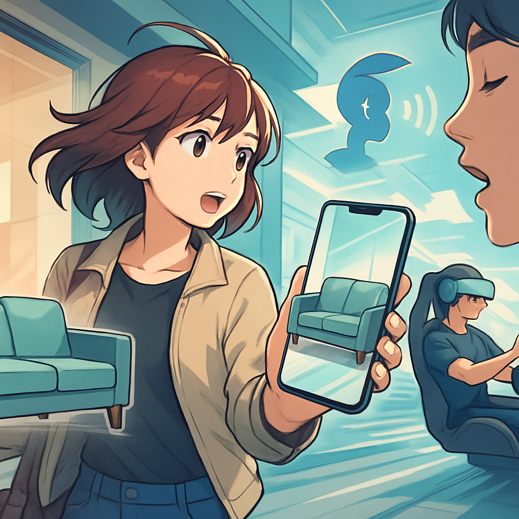 Een anime afbeelding van een persoon die een bank virtueel in hun woonkamer plaatst met Augmented Reality, met elementen van Virtual Reality en voice commerce op de achtergrond die technologische vooruitgang in e-commerce symboliseren.