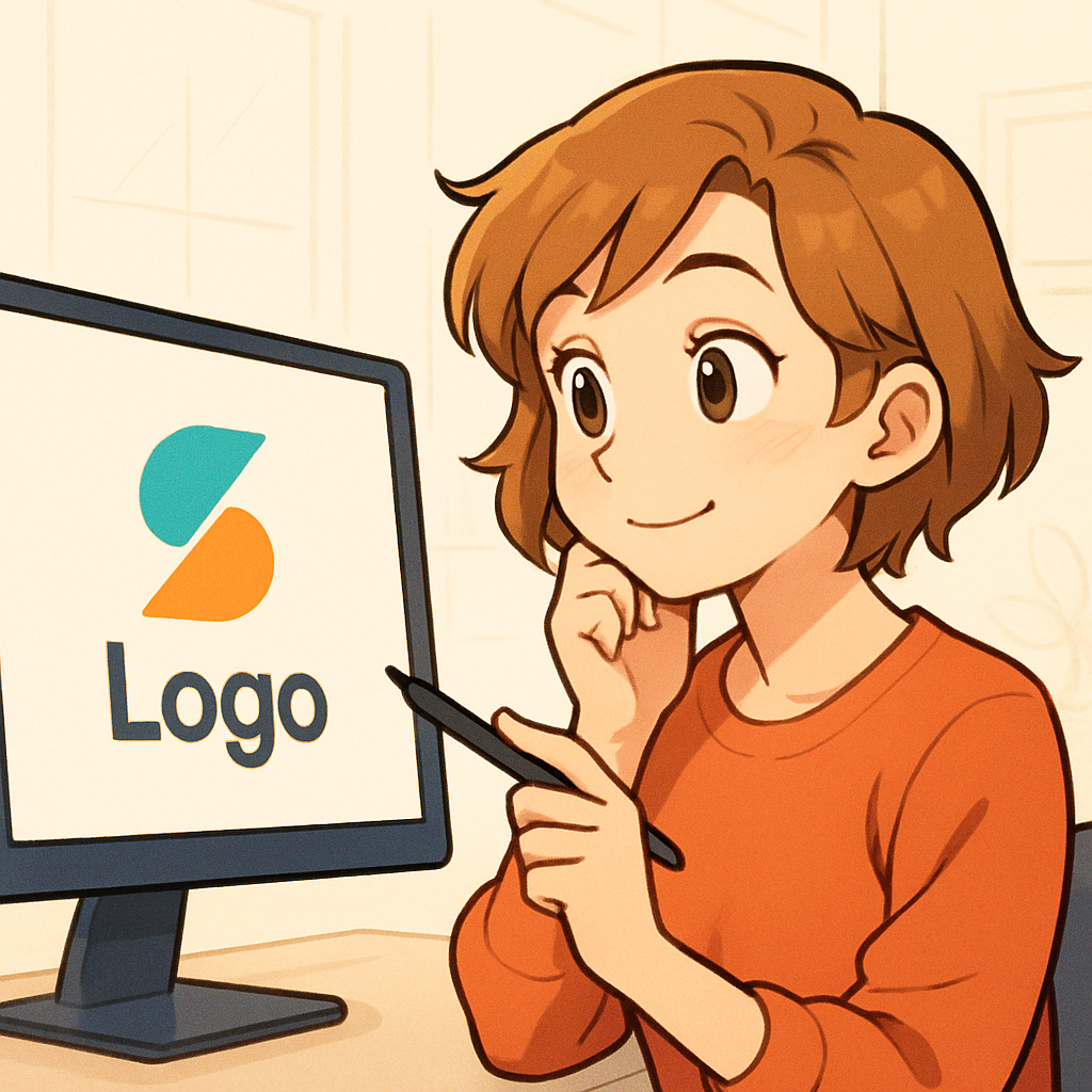 Een animefiguur met kort bruin haar kijkt aandachtig naar een computerscherm waarop een eenvoudig, kleurrijk logo met een abstracte vorm en duidelijk lettertype wordt ontworpen. De figuur heeft een stylus vast en de achtergrond toont een lichte werkruimte, wat een creatieve en positieve sfeer uitstraalt.