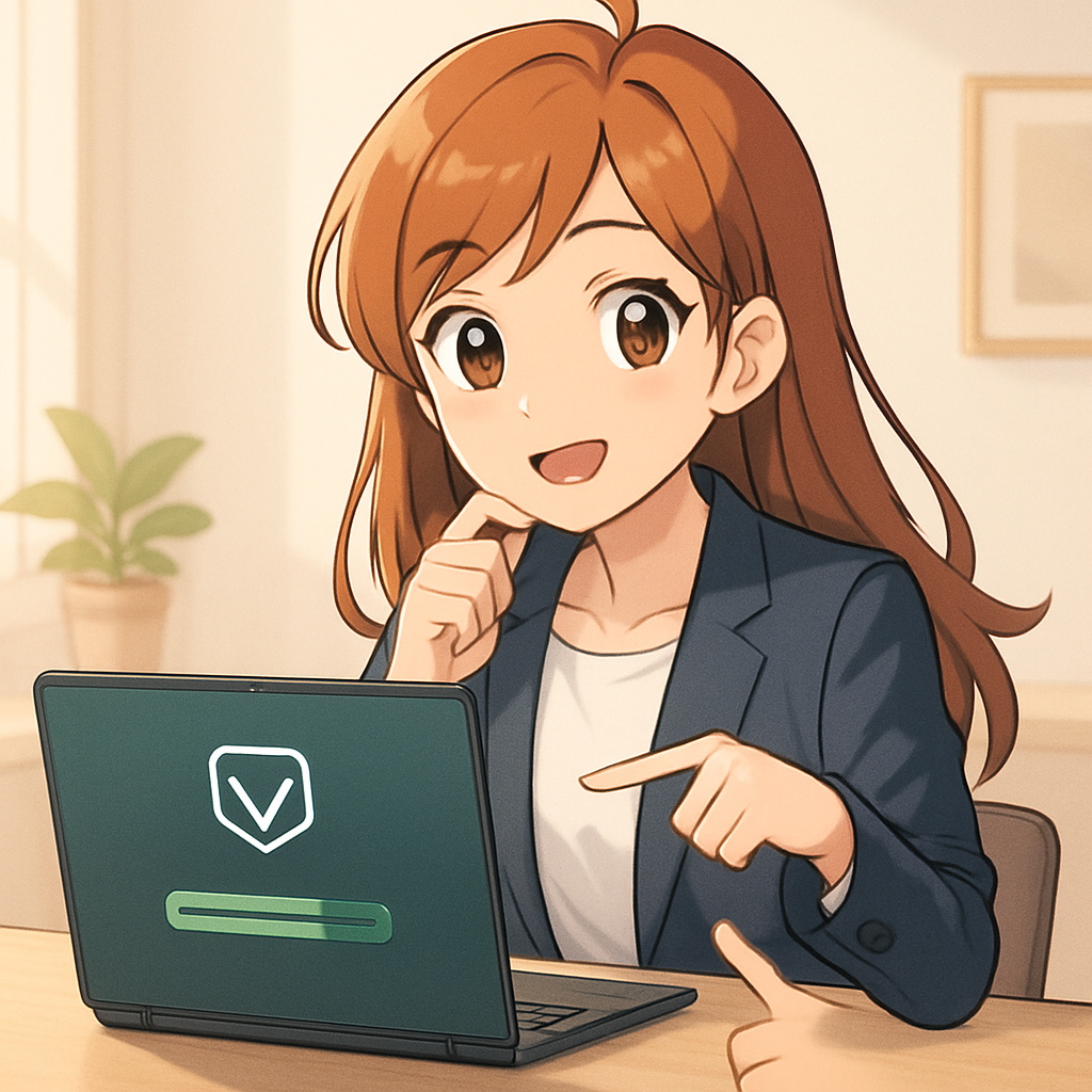 Een anime-stijl illustratie van een jonge vrouw die enthousiast naar een laptop kijkt, waarop het Veeam-logo en een downloadproces zichtbaar zijn.