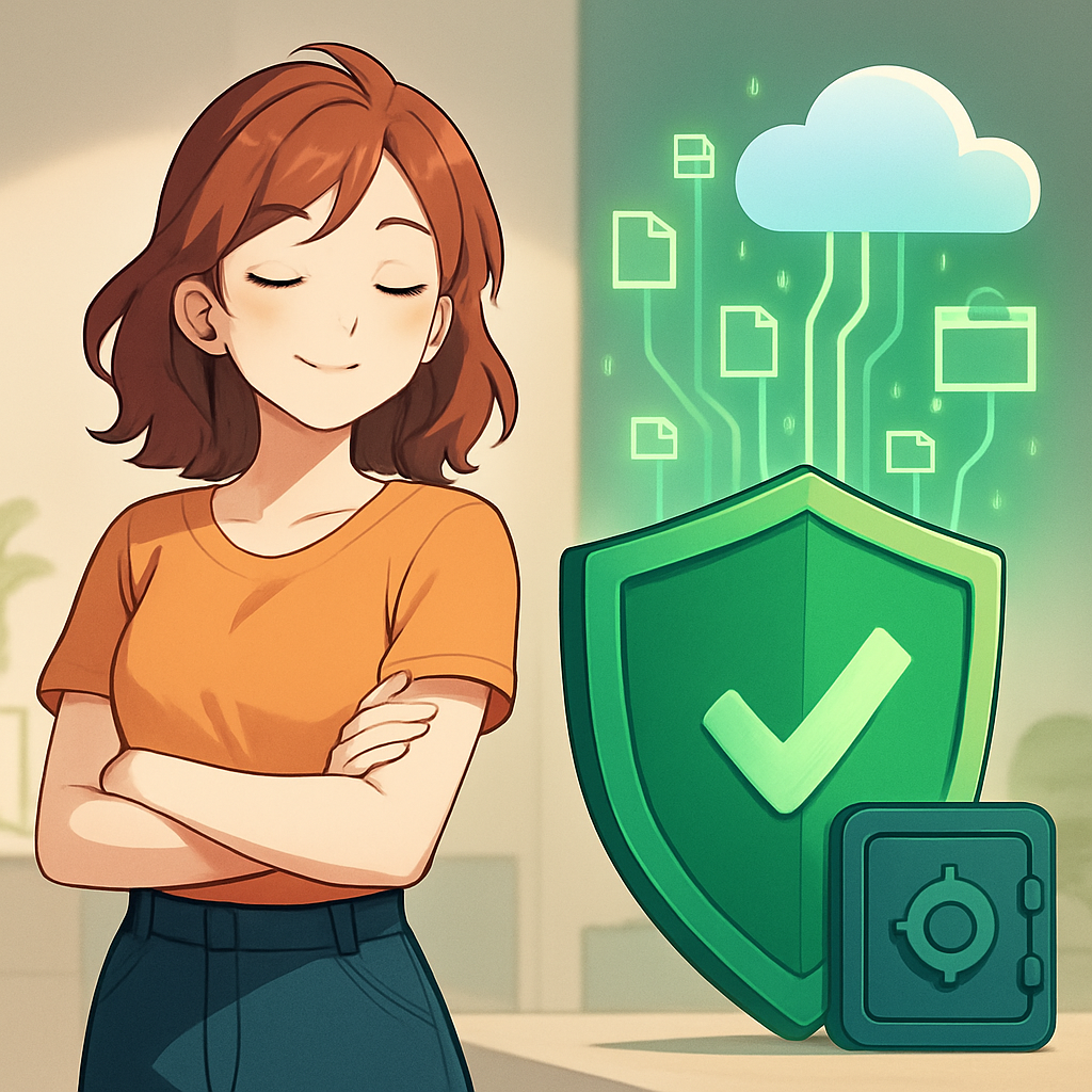 Een anime-stijl afbeelding van een glimlachende vrouw die digitale data beschermt met een schild, terwijl de data veilig naar een cloud- of kluissymbool stroomt, wat veiligheid en gemoedsrust voor starters en MKB'ers symboliseert.