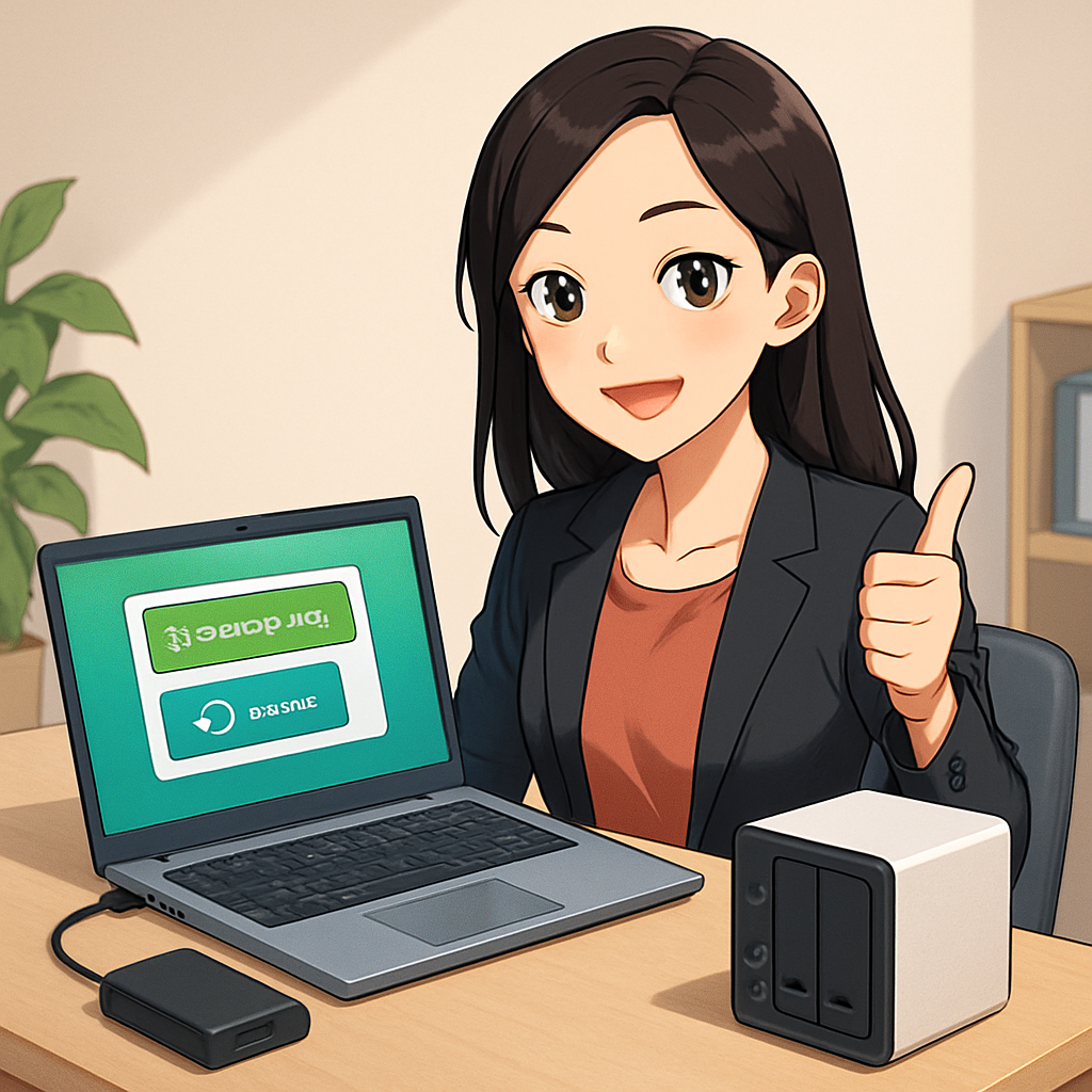 Een anime-stijl illustratie van een glimlachende vrouw die de eenvoud van Veeam's backupinterface toont met een externe harde schijf en een NAS op haar bureau.