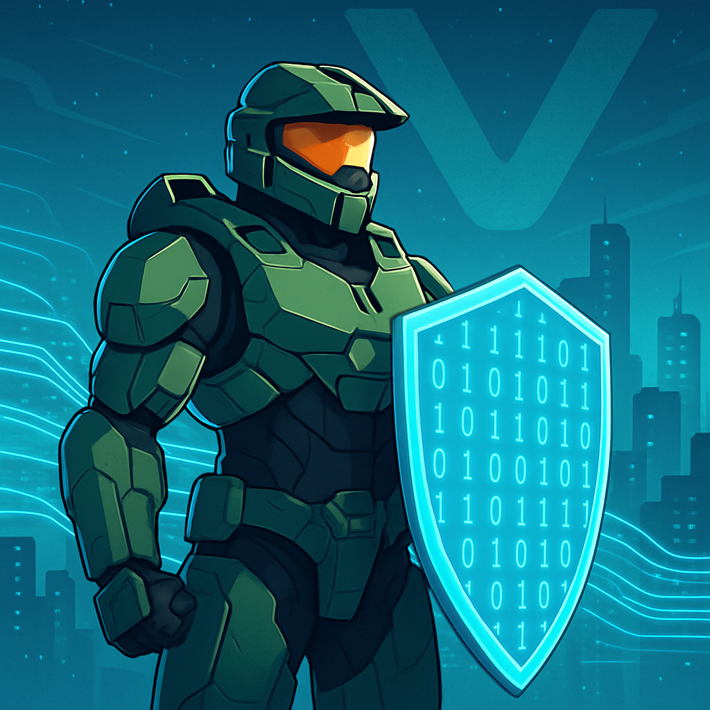 Een anime-achtige figuur in futuristisch pantser met een schild, staand voor een digitaal landschap dat veiligheid en databescherming symboliseert.