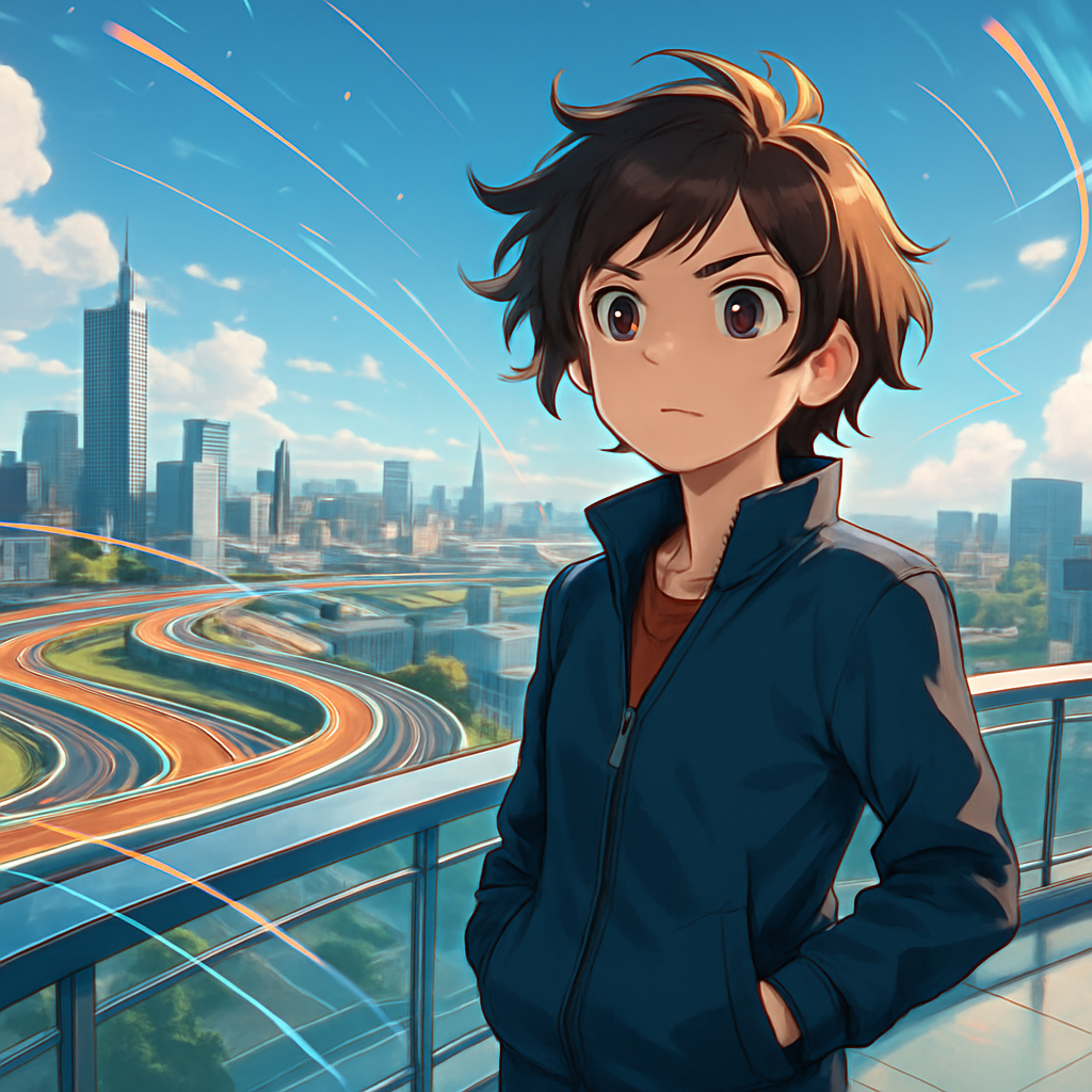 Anime-illustratie van een jonge, gefocuste e-commerce strateeg die uitkijkt over een landschap dat een racetrack en een moderne stad combineert, omringd door data-elementen, wat een breed marktinzicht symboliseert.