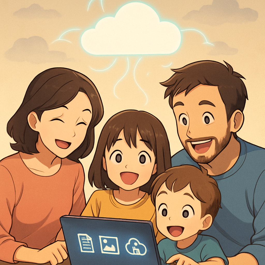 Een vrolijk gezin van vier, met ouders en twee kinderen, die samen een tablet bekijken. Boven hen zweven iconen van bestanden die veilig worden opgeslagen in een heldere, beschermende wolk, symboliserend de eenvoud en veiligheid van Acronis Cloud.