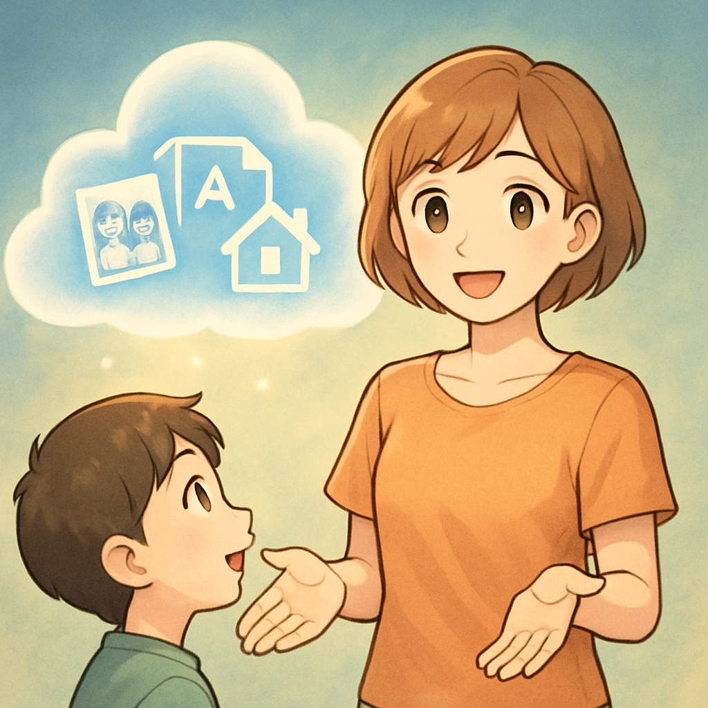Een vrolijke, anime-stijl vrouw wijst naar een zachte, gloeiende cloud met daarin digitale iconen van familiefoto's, schoolboeken en documenten, symbolisch voor veilige cloudopslag voor gezinnen.