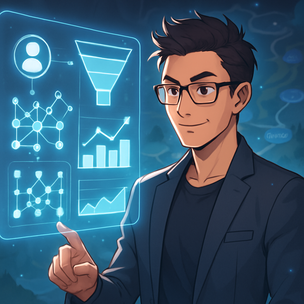 Een ondernemer in anime-stijl kijkt naar een zwevend, interactief scherm vol grafieken en klantinformatie. Het symboliseert een 360-graden klantbeeld en strategische inzichten.