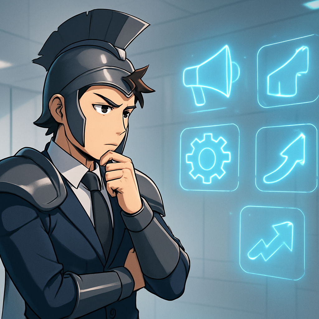 Een anime-stijl afbeelding van een vastberaden zakelijk figuur die keuzes overweegt tussen verschillende zwevende, holografische iconen die functionaliteiten van een CRM-systeem voorstellen, in een futuristische omgeving.